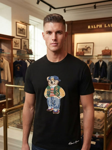 Luxury Elegant Men Black Crew Neck T-Shirt with Bear Graphic