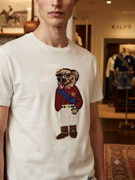 Premium White Crew Neck T-Shirt with Bear Graphic