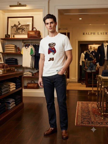 Premium White Crew Neck T-Shirt with Bear Graphic