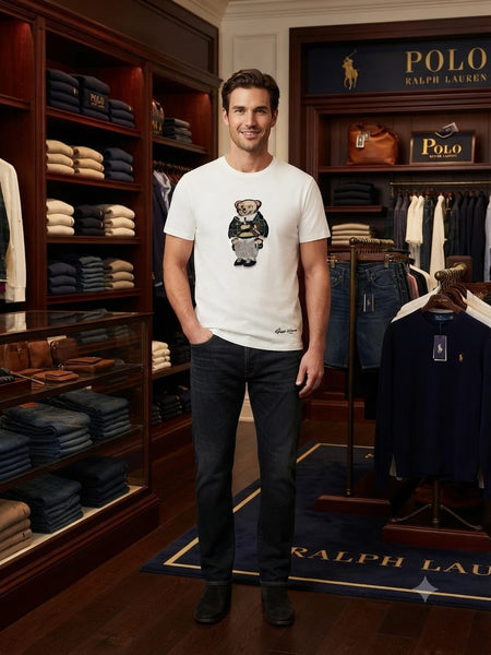 Premium  Men’s White Crew Neck T-Shirt with Stylish Bear Graphic