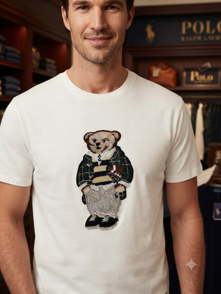 Premium  Men’s White Crew Neck T-Shirt with Stylish Bear Graphic