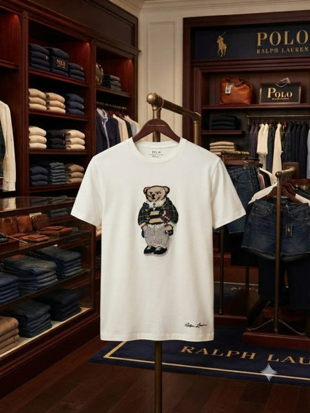 Premium  Men’s White Crew Neck T-Shirt with Stylish Bear Graphic