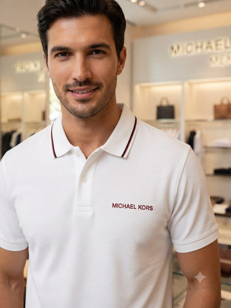 Premium Men White Polo T-Shirt with Contrast Collar and Chest Logo
