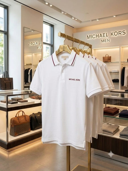 Premium Men White Polo T-Shirt with Contrast Collar and Chest Logo