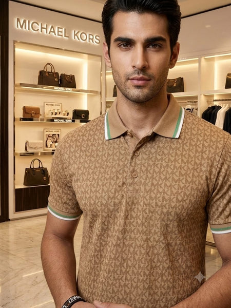 Premium Men  Brown Monogram Polo T-Shirt with Contrast Trim