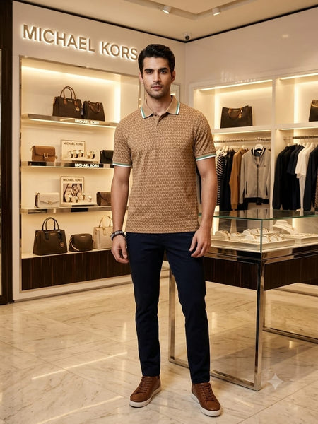 Premium Men  Brown Monogram Polo T-Shirt with Contrast Trim