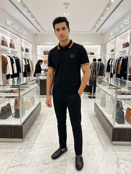 Men  Black Polo T-Shirt with Contrast Collar and Sleeve Trim