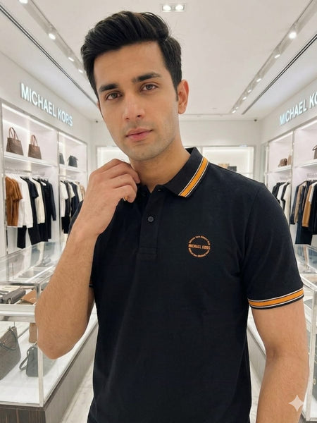 Men  Black Polo T-Shirt with Contrast Collar and Sleeve Trim