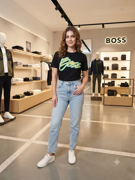 Imported Women Black Graphic Logo Round Neck T-Shirt