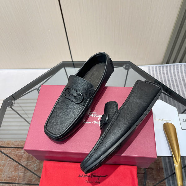 Men Premium Black Leather Loafers with Signature Buckle