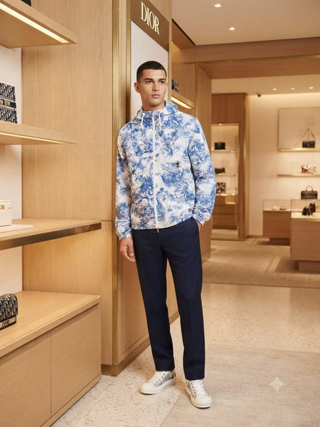 Premium Blue & White Printed Hooded Zip-Up Jacket