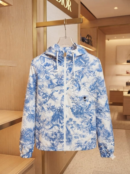 Premium Blue & White Printed Hooded Zip-Up Jacket