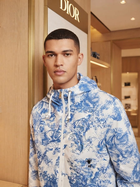 Premium Blue & White Printed Hooded Zip-Up Jacket
