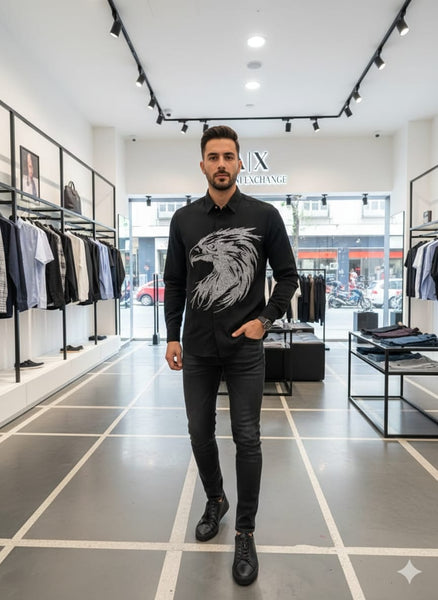 Premium Black Full-Sleeve Eagle Graphic Shirt for Men