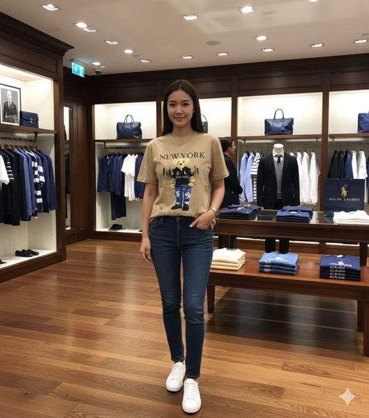Women Premium Beige Bear Graphic T-Shirt