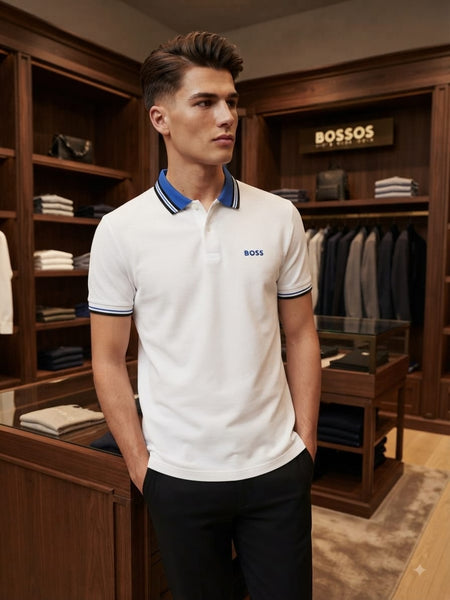 Premium White Polo T-Shirt with Blue Contrast Trim