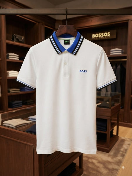 Premium White Polo T-Shirt with Blue Contrast Trim