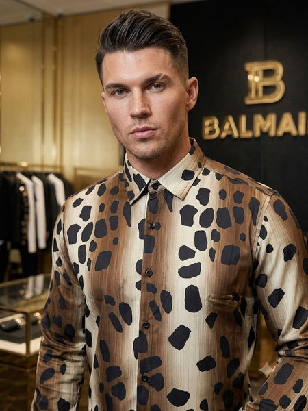 Men Brown Leopard Print Full Sleeve Shirt
