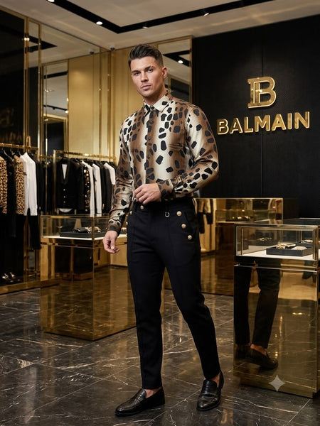 Men Brown Leopard Print Full Sleeve Shirt