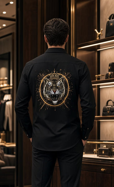 Men Black Tiger Graphic Printed Full Sleeve Shirt