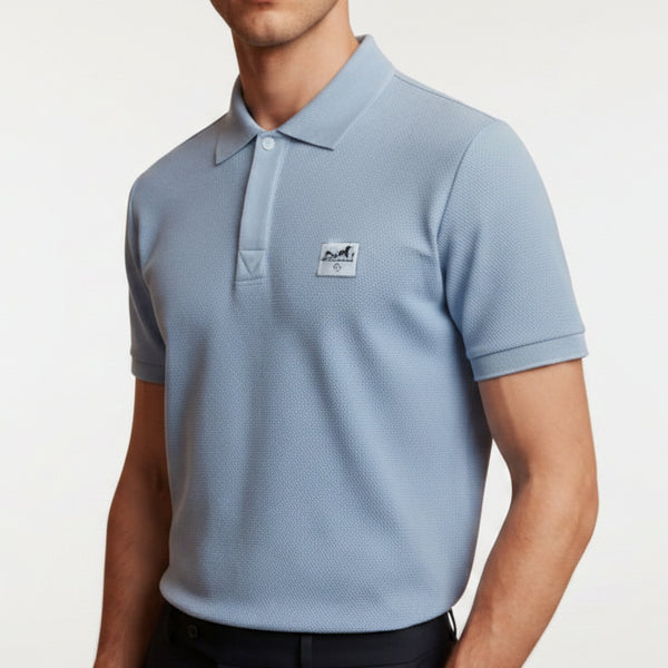 Men Solid Polo Blue Color T-Shirt with Minimal Patch Detail