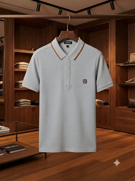 Premium Blue Textured Polo T-Shirt with Contrast Collar Luxury Style