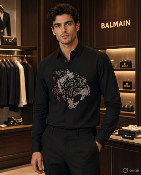 Men Black Embroidered Tiger Shirt