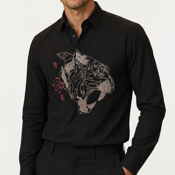 Men Black Embroidered Tiger Shirt