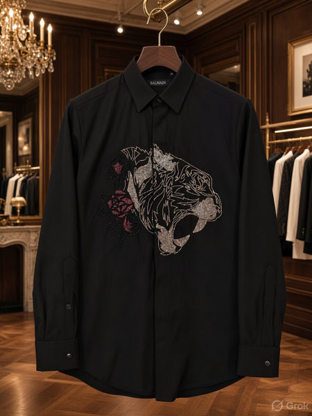 Men Black Embroidered Tiger Shirt