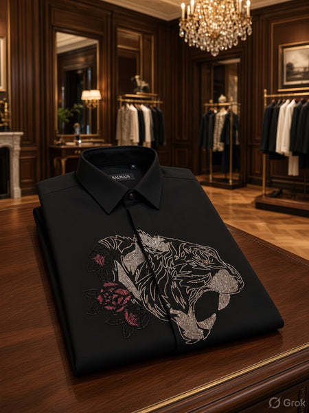 Men Black Embroidered Tiger Shirt