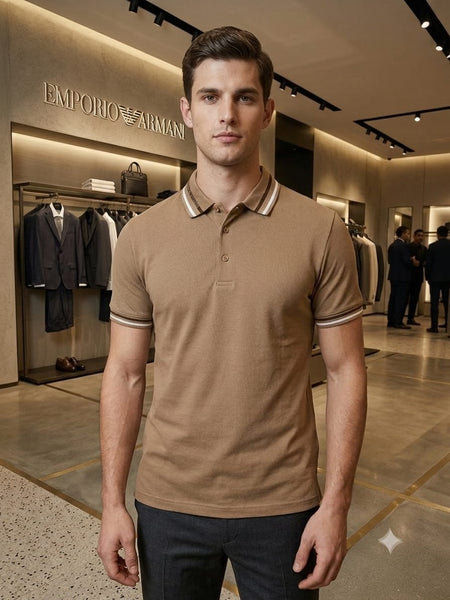 Premium Men Brown Polo T-Shirt – Slim Fit Contrast Collar & Sleeve Design