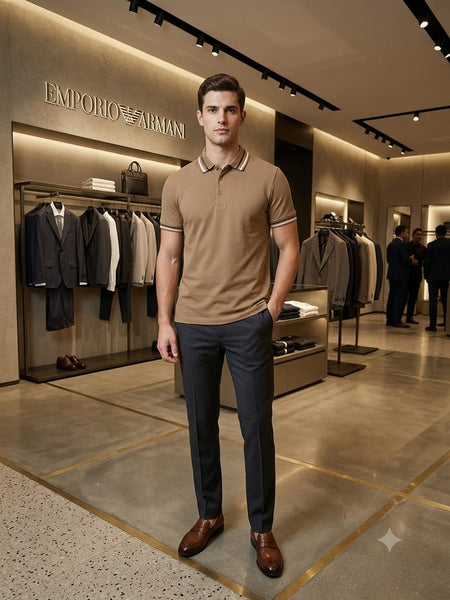Premium Men Brown Polo T-Shirt – Slim Fit Contrast Collar & Sleeve Design