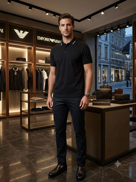 Premium Men Black Polo T-Shirt – Slim Fit Contrast Collar & Sleeve Design