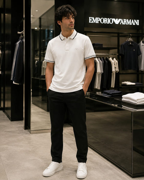 Premium Men White Polo T-Shirt – Slim Fit Contrast Collar & Sleeve Design