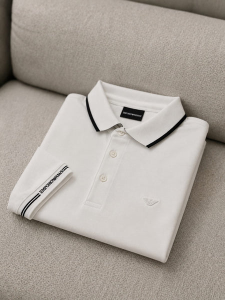 Premium Men White Polo T-Shirt – Slim Fit Contrast Collar & Sleeve Design