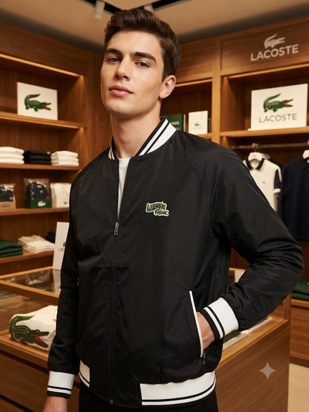 Classic Black Zip-Up Men Jacket with Sporty Ribbed Finish