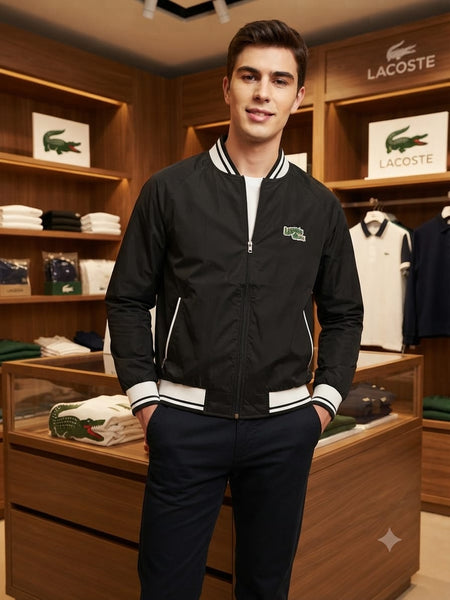 Classic Black Zip-Up Men Jacket with Sporty Ribbed Finish