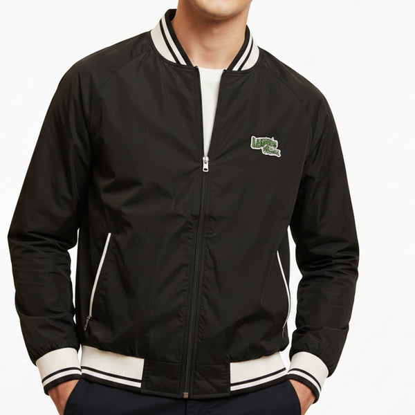 Classic Black Zip-Up Men Jacket with Sporty Ribbed Finish