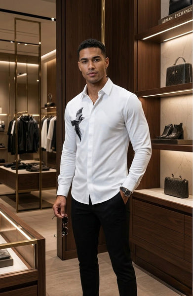 Men Premium White Eagle Casual Shirt Full Sleeve Button-Down Stylish Shirt