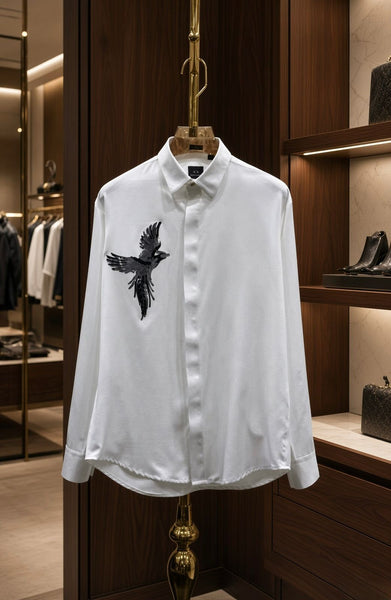 Men Premium White Eagle Casual Shirt Full Sleeve Button-Down Stylish Shirt