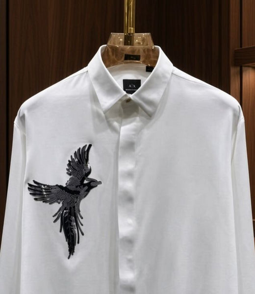 Men Premium White Eagle Casual Shirt Full Sleeve Button-Down Stylish Shirt