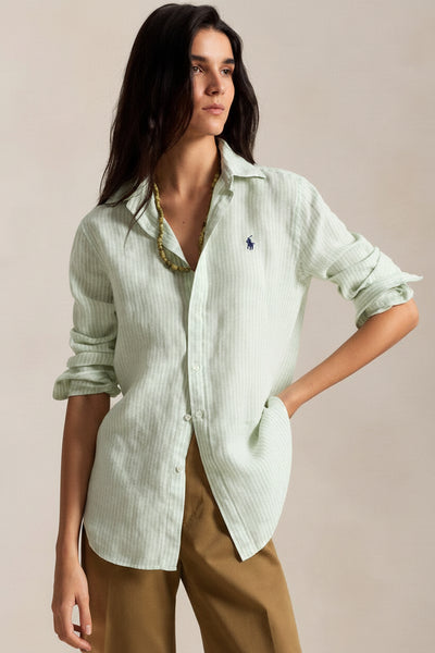 Women Premium Mint Green Striped Button-Down Shirt