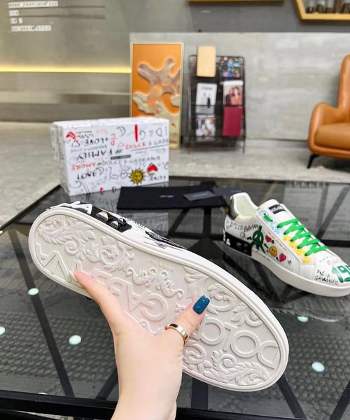 White Graphic Low-Top Sneakers with Green Laces & Statement Details