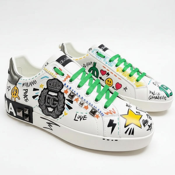 White Graphic Low-Top Sneakers with Green Laces & Statement Details