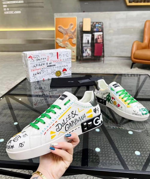 White Graphic Low-Top Sneakers with Green Laces & Statement Details