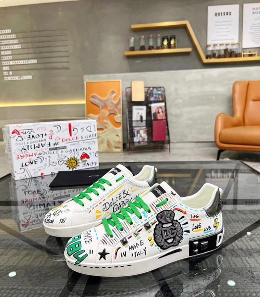 White Graphic Low-Top Sneakers with Green Laces & Statement Details
