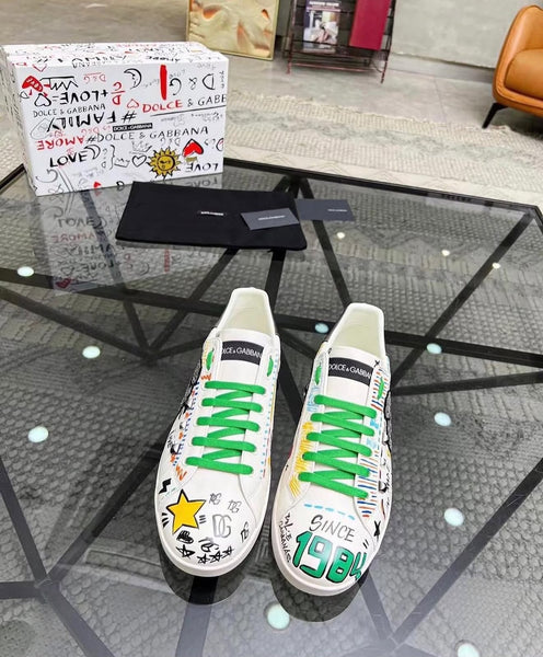 White Graphic Low-Top Sneakers with Green Laces & Statement Details