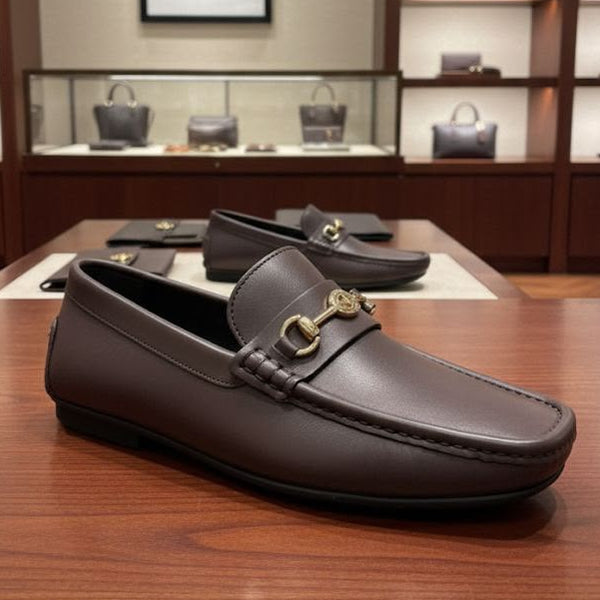 Premium Dark Brown Leather-Style Loafers with Gold-Tone Horsebit Accent