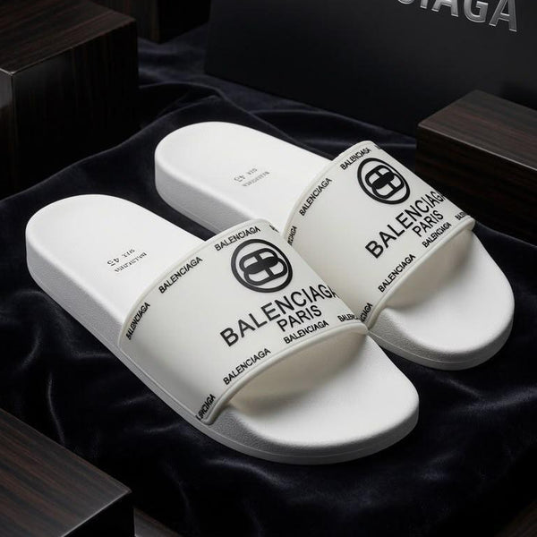 White Cushioned Slide Sandals with Bold Black Graphic Design