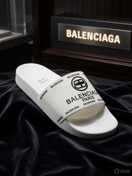 White Cushioned Slide Sandals with Bold Black Graphic Design